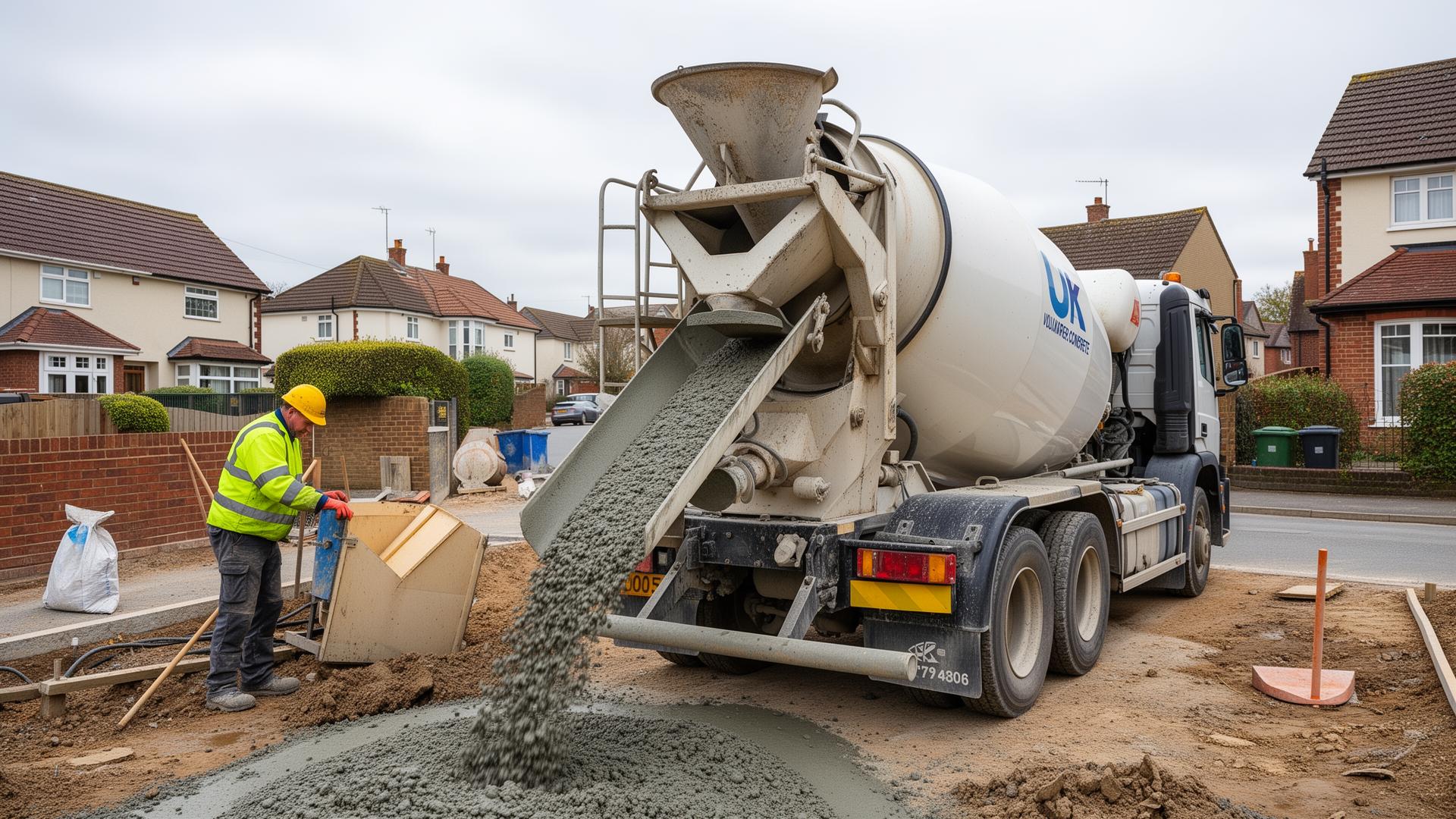 Volumetric concrete supply wagon discharging fresh concrete on a South Wales site