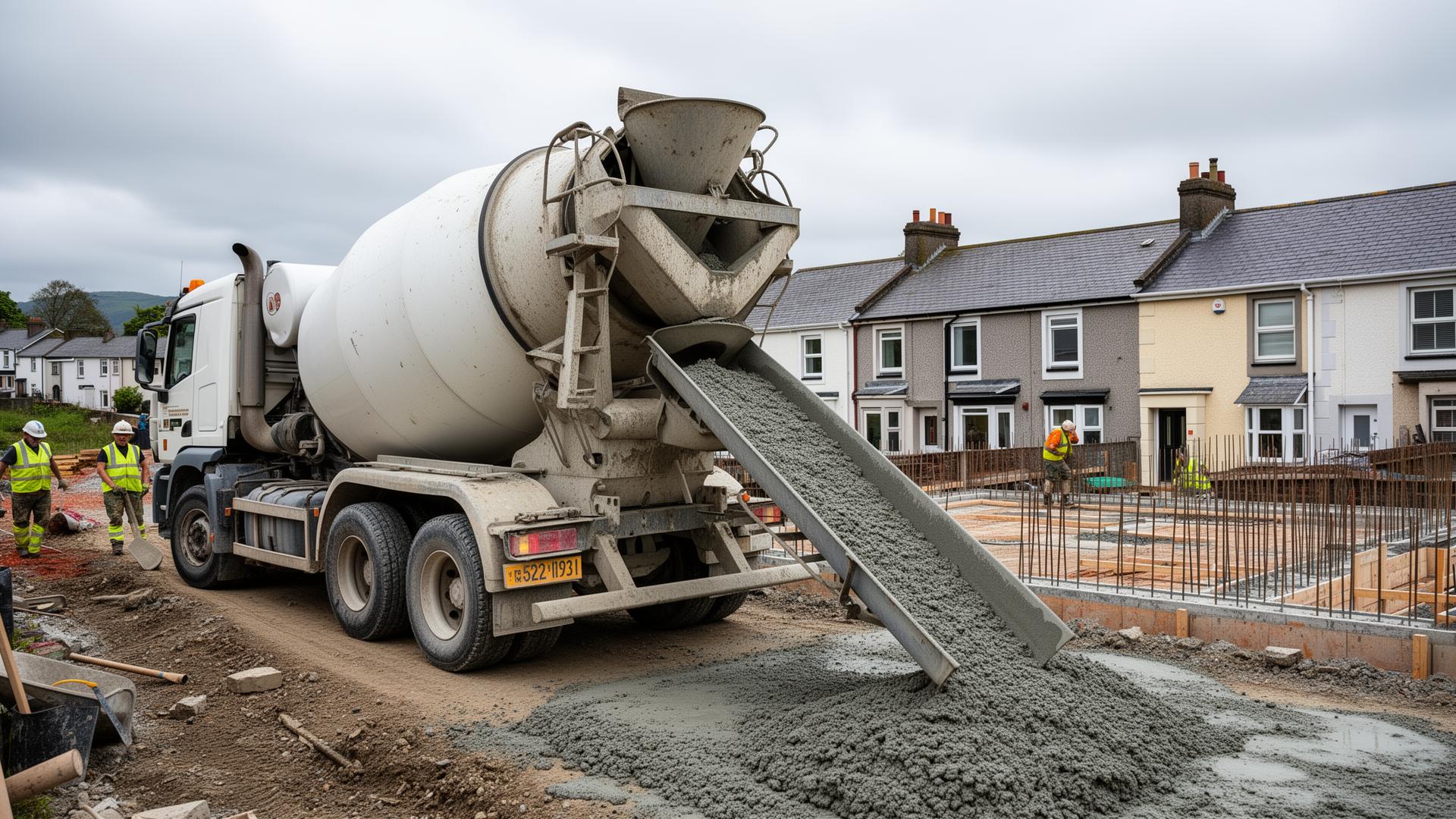 Ready-mix concrete wagon discharging fresh concrete to a South Wales foundation pour